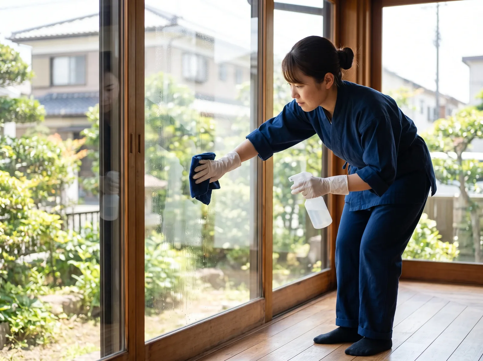 住宅の掃き出し窓のガラスを拭き上げるクリーニングスタッフ